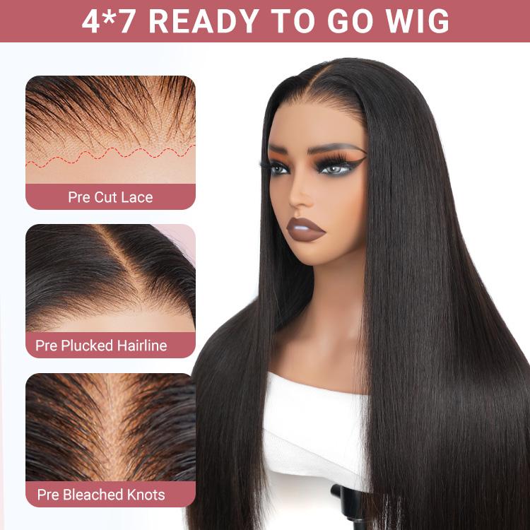 Wiggins Hair Ready And Go Glueless Wig Pre Cut Straight 4x7 Lace Closure Wig Human Hair Pre Bleached Pre Plucked Beginner Friendly