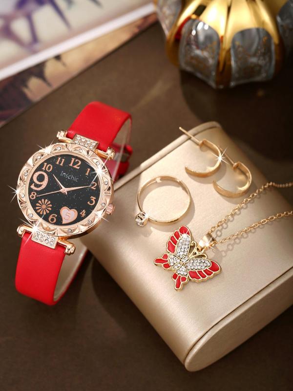 Women's Elegant Rhinestone Decor Quartz Watch & Jewelry Set, Round Dial Watch & Butterfly Pendant Necklace & Stud Earrings & Ring, Fashionable Watch Set As Gift without Box