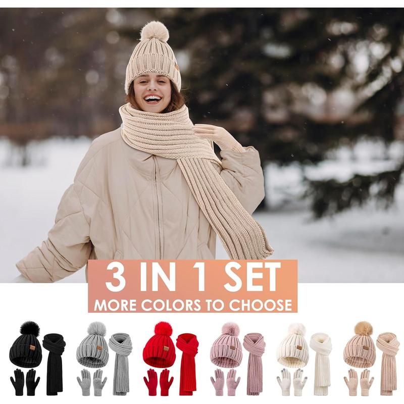 Winter Beanie Hat Scarf Gloves Set for Women Fleece Lined Pompom Hat with Long Knit Scarf, Neck Warmer Touchscreen Gloves