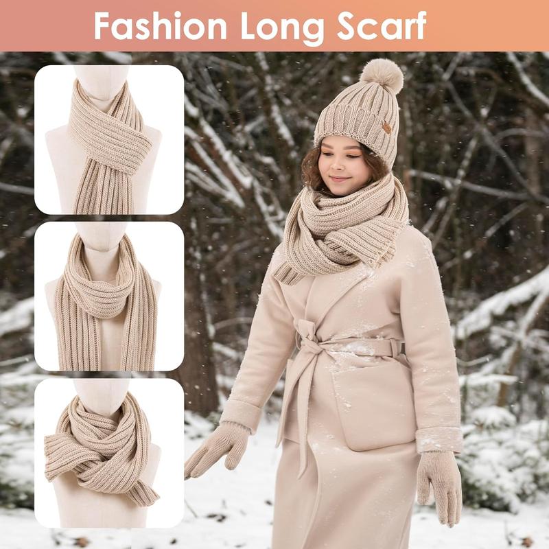 Winter Beanie Hat Scarf Gloves Set for Women Fleece Lined Pompom Hat with Long Knit Scarf, Neck Warmer Touchscreen Gloves