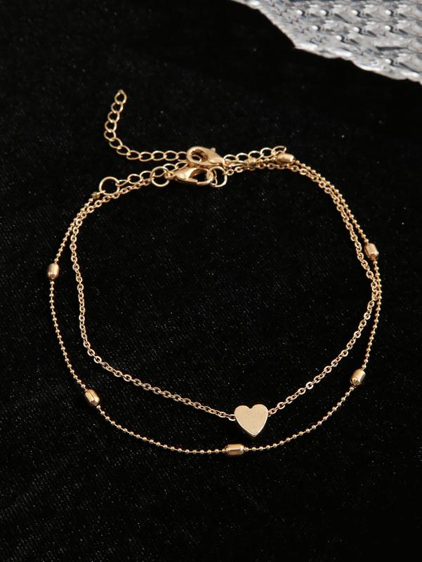 Heart Charm Double Layer Anklet, Elegant Plain Color Anklet for Women, Exquisite Jewelry Gifts for Girlfriend, Trendy Accessories for Party, Daily Wear