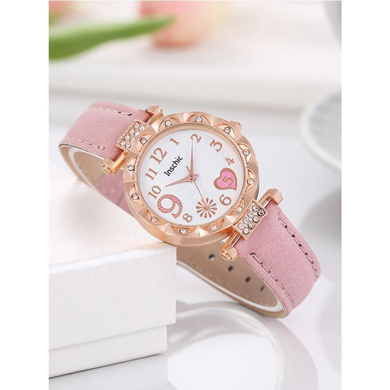 1pc Pink Dial With White Face Mixed Scale Design Watch, With Rhinestone Heart Detail