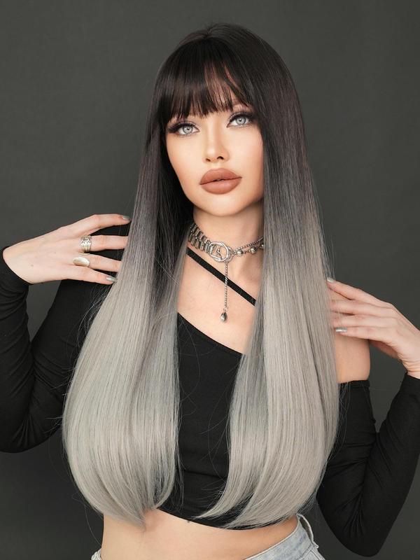 Fashion Gradual Color Design Long Straight Wigs for Women, 28 Inch Gorgeous Fluffy Wigs with Bangs, Synthetic Full Machine Wigs for Party, Daily Use