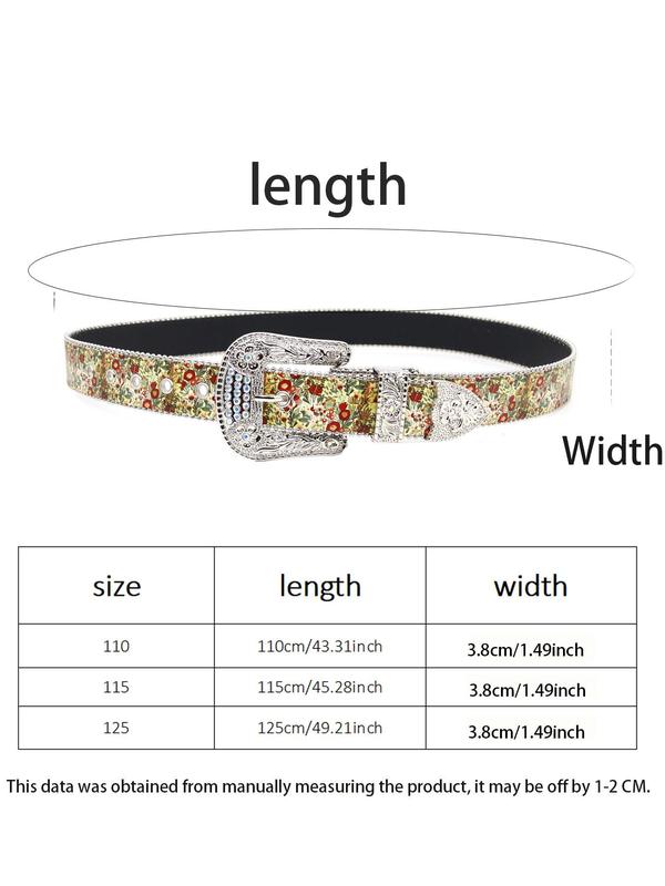 Fashion Floral Pattern Rhinestone Decorated Belt, PU Buckle Belt for Men & Women, Punk Style Waistband for Party, Daily Clothing Decor, Trendy All-match & Exquisite Belt for Birthday Gift