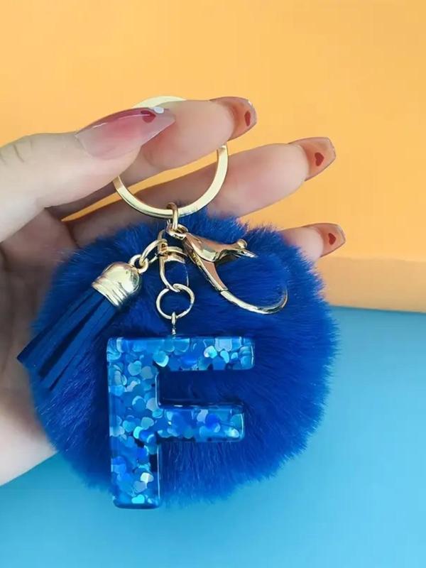 Letter & Pom Pom Design Keychain, Cute Plush Keychain, Fashionable Keychain for Women & Girls, Trendy Accessories for Daily Use