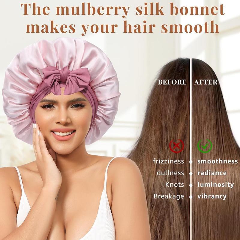 AWAYTR Silk Bonnet for Sleeping Women 100% Mulberry Silk Double Layered Bonnet with Tie Band Reversible Hair Bonnet Sleeping Hair Wrap