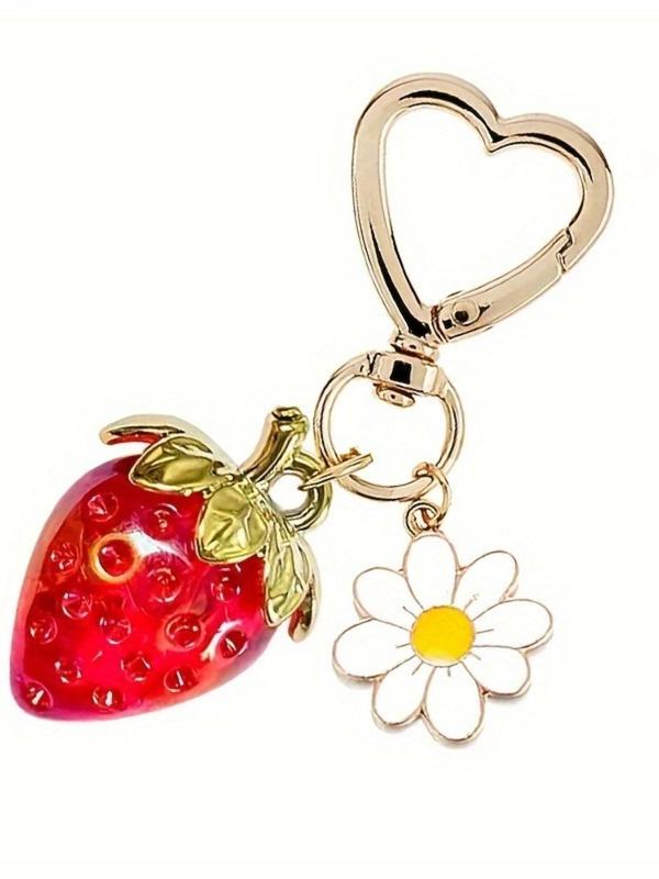 Cute Strawberry & Flower Design Keychain, Fashionable Keychain for Women & Girls, Trendy All-match & Exquisite Keychain for Birthday Gift