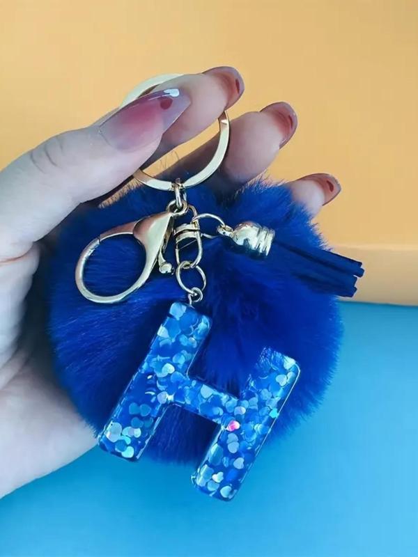 Letter & Pom Pom Design Keychain, Cute Plush Keychain, Fashionable Keychain for Women & Girls, Trendy Accessories for Daily Use