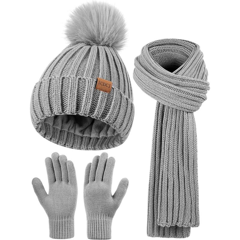 Winter Beanie Hat Scarf Gloves Set for Women Fleece Lined Pompom Hat with Long Knit Scarf, Neck Warmer Touchscreen Gloves