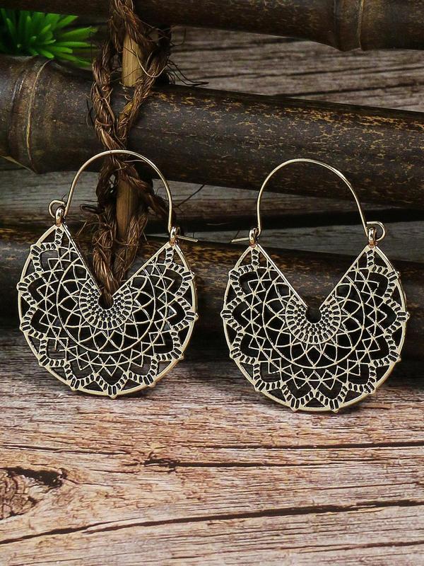 Boho Ethnic Style Hollow out Design Earrings (3 Pairs), Vintage Style Multi-style Antique Geometric Shape Matching Outfits for Party, Daily Clothing Decor