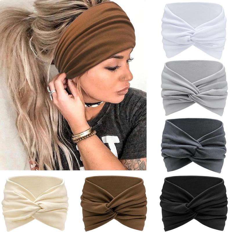 Women's Summer Simple Plain Color Elastic Hair Band for Women,Wide Headbands for Women Knotted No Slip Head Bands Soft Turban Headband Hair Accessories Boho African Solid Color Head Wraps for Women Yoga Workout Pack of 6(Boho)