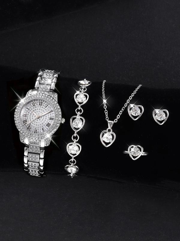 Women's Elegant Rhinestone Decorated Watch & Jewelry Set, Including Round Dial Watch & Necklace & Ring & Earrings & Bracelet, Fashion Watch Set for Party, Daily Decor