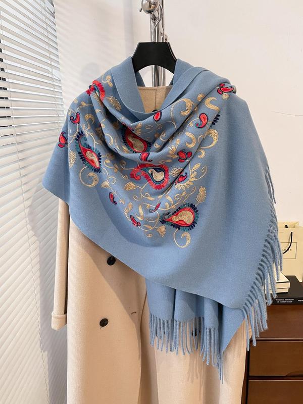 Women's Floral Embroidery Tassel Decor Shawl, 2024 New Style Casual Soft Warm Scarf for Fall & Winter, Fashion Accessories for Women & Girls