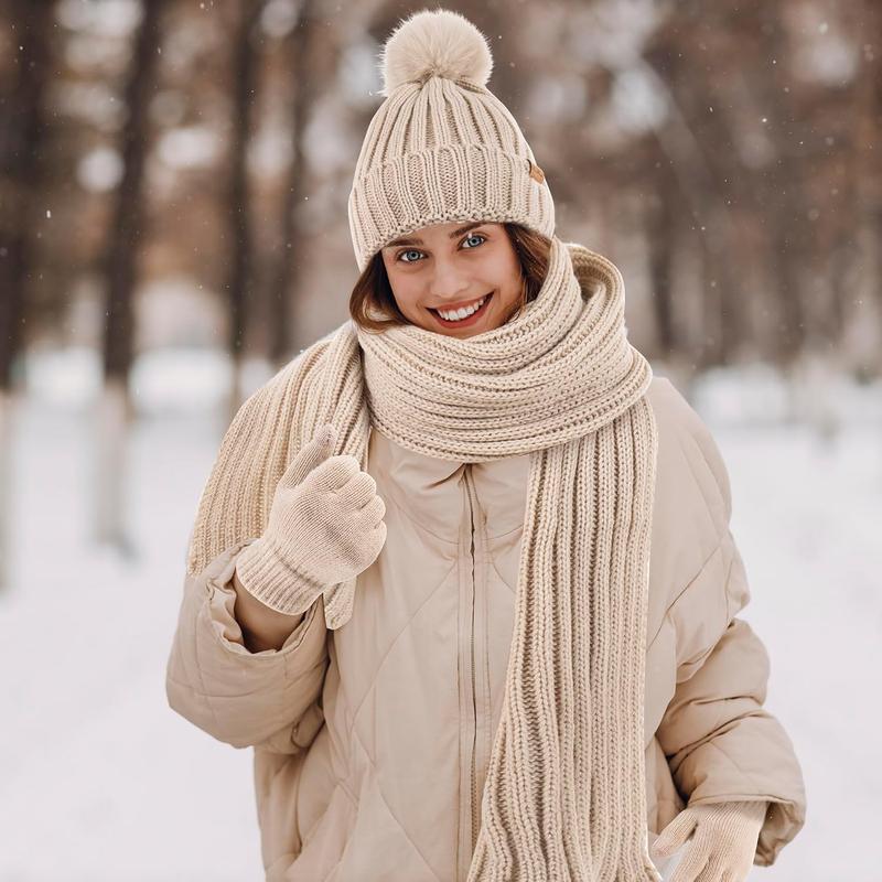 Winter Beanie Hat Scarf Gloves Set for Women Fleece Lined Pompom Hat with Long Knit Scarf, Neck Warmer Touchscreen Gloves