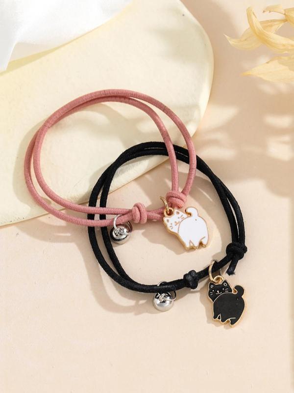 Cute Cartoon Cat Charm Magnetic Knot Rope Bracelet, 2pcs Fashion Matching Bracelet Accessories for Both Men & Women, Chic Gift for Couple & Friends