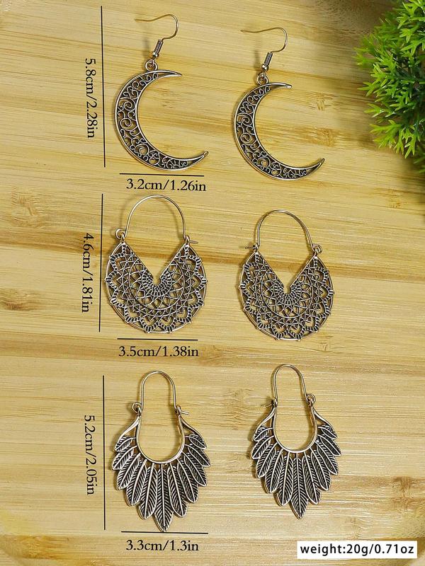 Boho Ethnic Style Hollow out Design Earrings (3 Pairs), Vintage Style Multi-style Antique Geometric Shape Matching Outfits for Party, Daily Clothing Decor