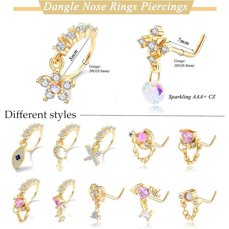 12 Dangle Nose Rings for Women Surgical Steel L Shape Nose Stud Rings Cute Flower Butterfly Heart Evil Eye Opal CZ Dangling Nose Piercing Jewelry