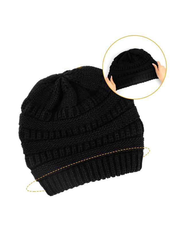 Women's Solid Color Knit Beanie Hat with Satin Lining, Casual Thick Warm Hat for Fall & Winter, Fashion Accessories for Women & Girls