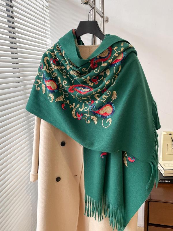 Women's Floral Embroidery Tassel Decor Shawl, 2024 New Style Casual Soft Warm Scarf for Fall & Winter, Fashion Accessories for Women & Girls