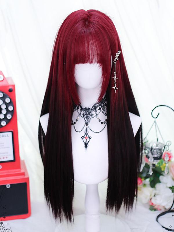 24 Inch Red & Black Long Straight Wigs for Women, Gorgeous Fluffy Y2k Wigs with Bangs, Synthetic Wigs for Party, Daily Hairstyle Ideas