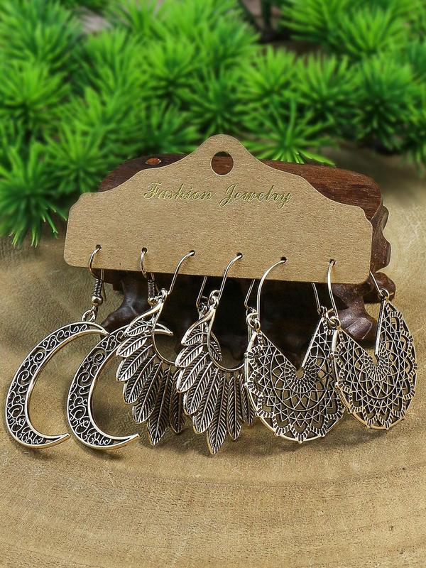 Boho Ethnic Style Hollow out Design Earrings (3 Pairs), Vintage Style Multi-style Antique Geometric Shape Matching Outfits for Party, Daily Clothing Decor