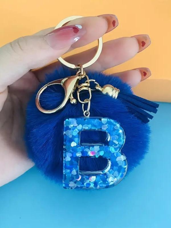 Letter & Pom Pom Design Keychain, Cute Plush Keychain, Fashionable Keychain for Women & Girls, Trendy Accessories for Daily Use