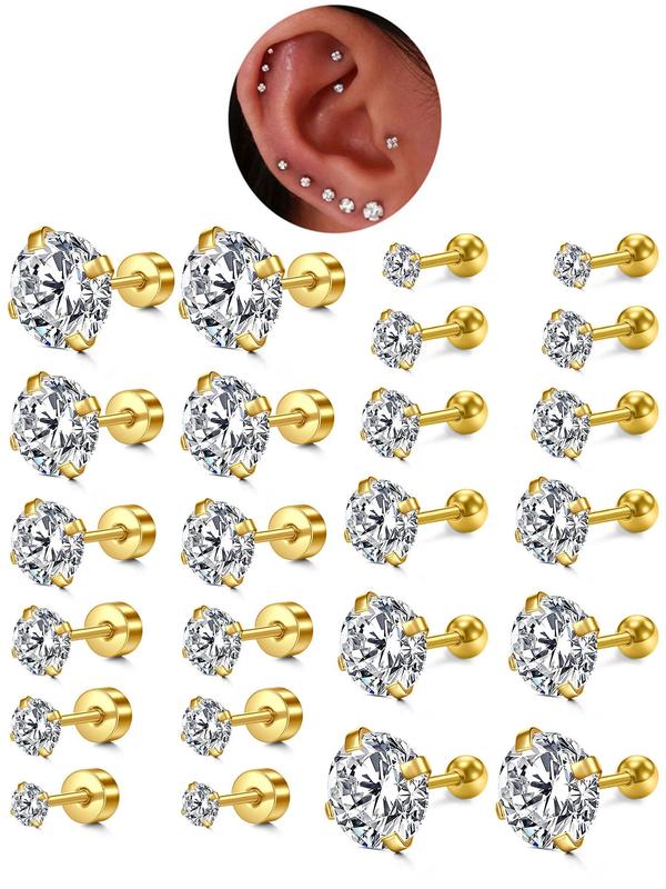 Unisex Rhinestone Decor Stud Earrings, 12 Pairs Stainless Steel Cartilage Earrings for Women & Girls, Trendy All-match Exquisite Jewelry As Birthday Gift, Piercing Earrings, Body Piercing Jewelry