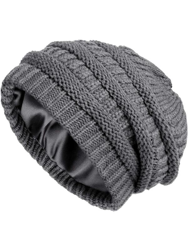 Women's Solid Color Knit Beanie Hat with Satin Lining, Casual Thick Warm Hat for Fall & Winter, Fashion Accessories for Women & Girls