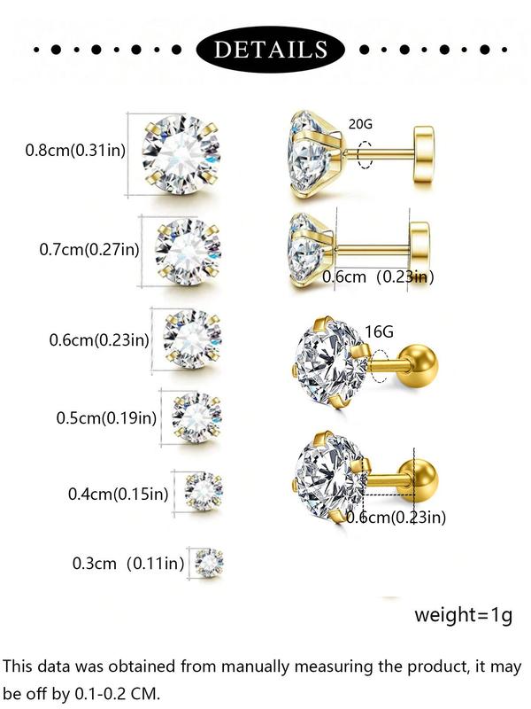 Unisex Rhinestone Decor Stud Earrings, 12 Pairs Stainless Steel Cartilage Earrings for Women & Girls, Trendy All-match Exquisite Jewelry As Birthday Gift, Piercing Earrings, Body Piercing Jewelry