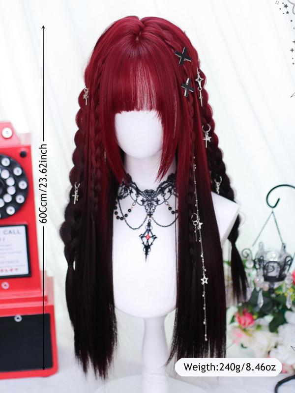 24 Inch Red & Black Long Straight Wigs for Women, Gorgeous Fluffy Y2k Wigs with Bangs, Synthetic Wigs for Party, Daily Hairstyle Ideas