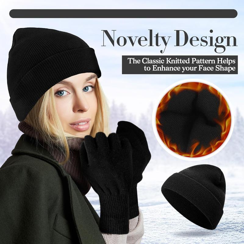 Winter Beanie Hat Gloves Set, Soft Knitted Hat Stretchy Gloves Warm  Cap Set for Women Men Gifts