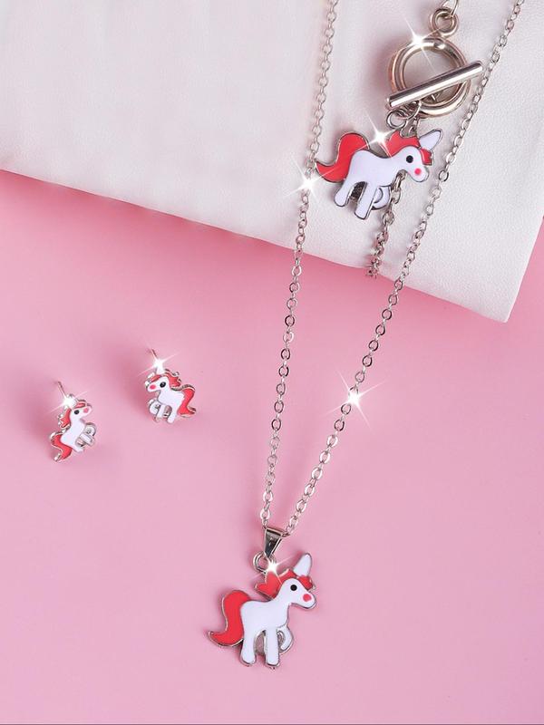 Cute Cartoon Unicorn Design Jewelry Set, 8 Counts Fashion Alloy Pendant Necklace & Bracelet & Stud Earrings Set for Women & Girls, Exquisite Jewelry for Birthday Gift, Back to School Accessories