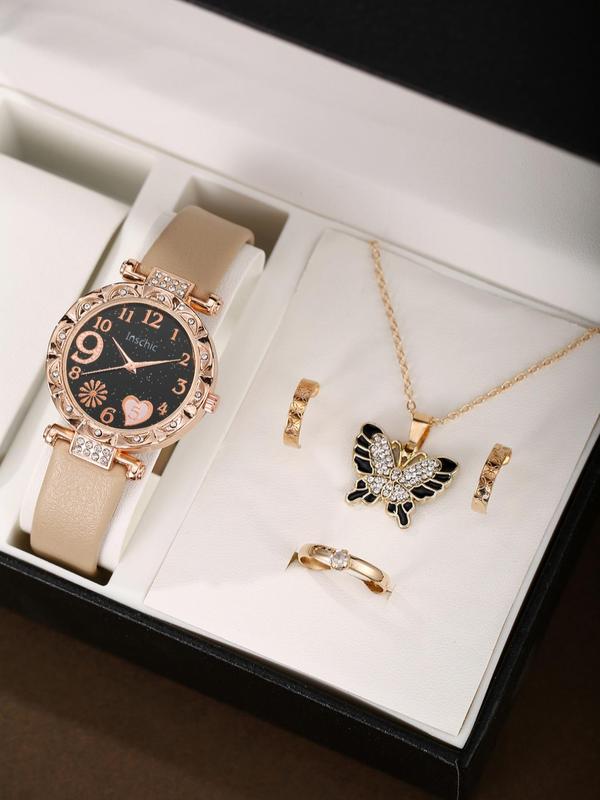 Women's Elegant Rhinestone Decor Quartz Watch & Jewelry Set, Round Dial Watch & Butterfly Pendant Necklace & Stud Earrings & Ring, Fashionable Watch Set As Gift without Box