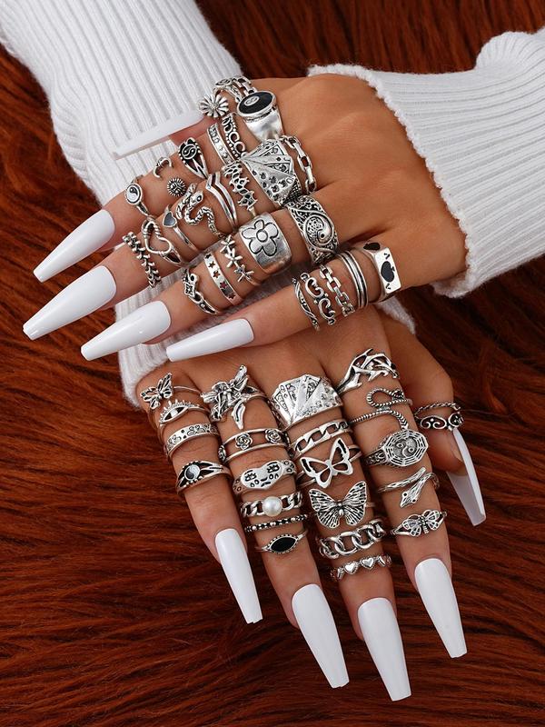 Vintage Punk Style Mixed Rings for Women, 2024 New Style Fashion Jewelry for Party, Daily Clothing Decor, Trendy All-match & Exquisite Jewelry for Birthday Gift