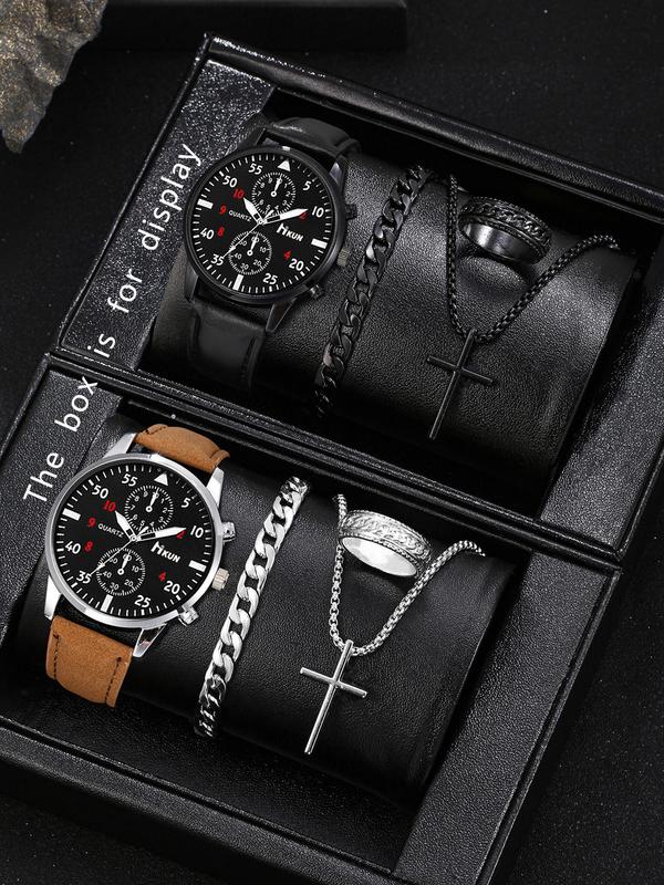 Men's Business Fashion Round Dial Analog Quartz Watch & Bracelet & Cross Design Necklace & Ring, Fashion Watch Set for Party, Daily Decor, Trendy All-match & Exquisite Watch Set for Birthday Gift