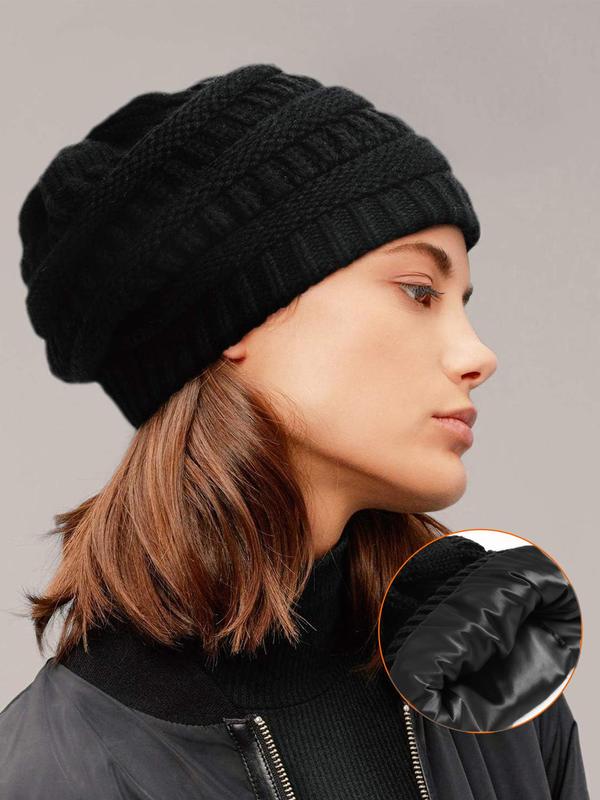 Women's Solid Color Knit Beanie Hat with Satin Lining, Casual Thick Warm Hat for Fall & Winter, Fashion Accessories for Women & Girls