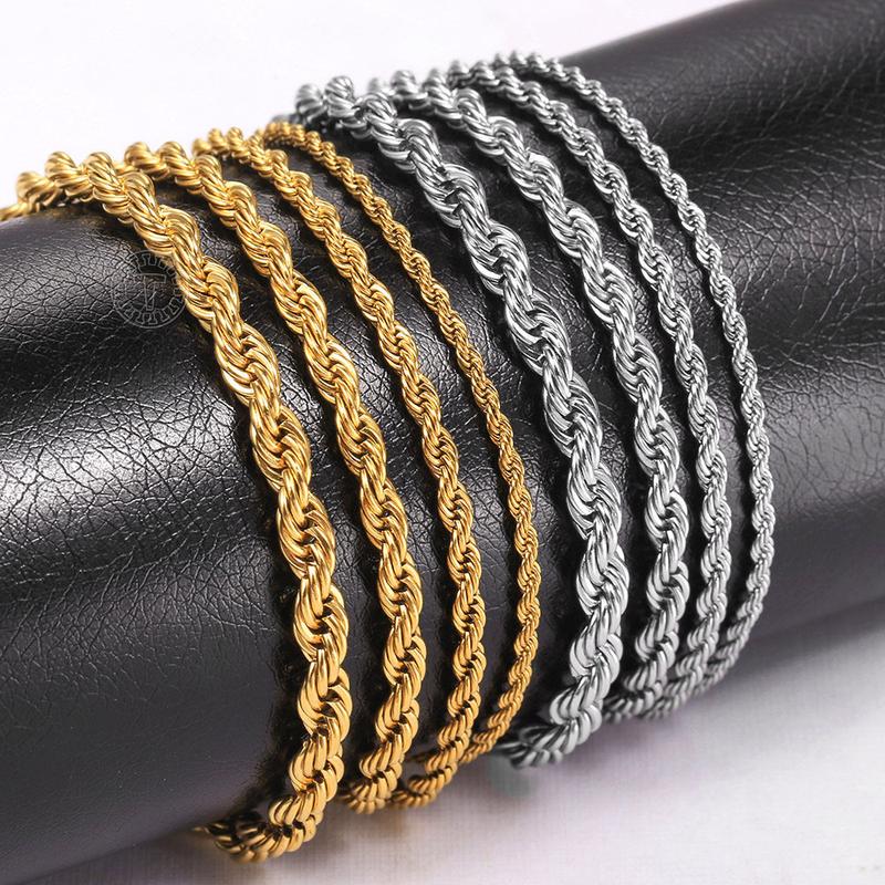 Hermah 2Pcs Stainless Steel Twisted Rope Link Chain Bracelets 7