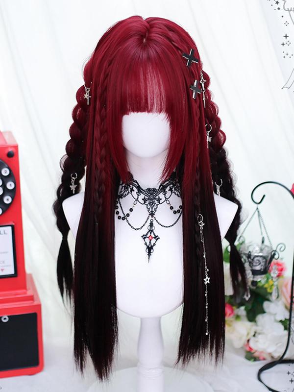 24 Inch Red & Black Long Straight Wigs for Women, Gorgeous Fluffy Y2k Wigs with Bangs, Synthetic Wigs for Party, Daily Hairstyle Ideas