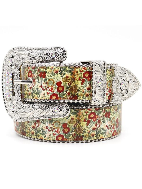 Fashion Floral Pattern Rhinestone Decorated Belt, PU Buckle Belt for Men & Women, Punk Style Waistband for Party, Daily Clothing Decor, Trendy All-match & Exquisite Belt for Birthday Gift