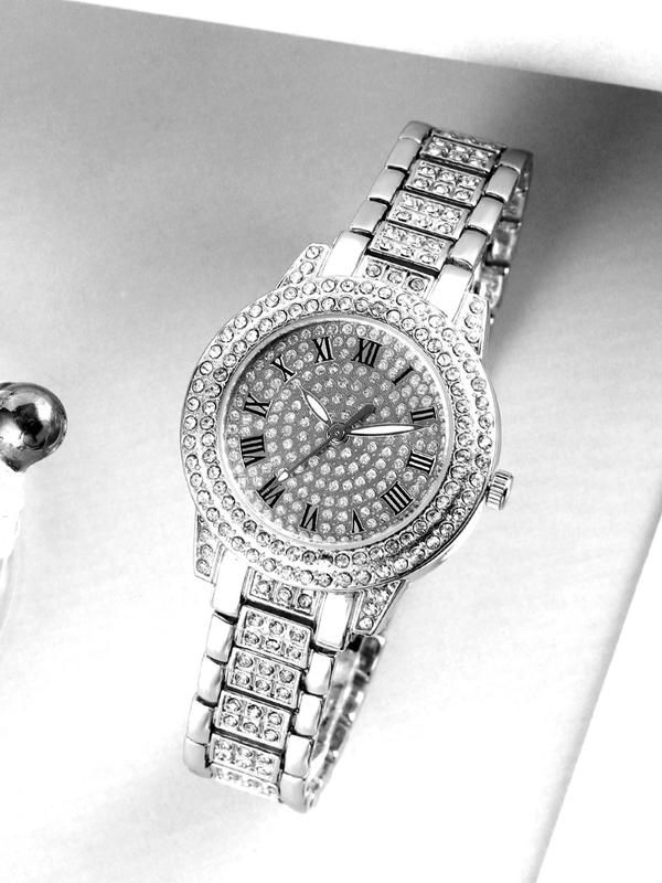 Women's Elegant Rhinestone Decorated Watch & Jewelry Set, Including Round Dial Watch & Necklace & Ring & Earrings & Bracelet, Fashion Watch Set for Party, Daily Decor