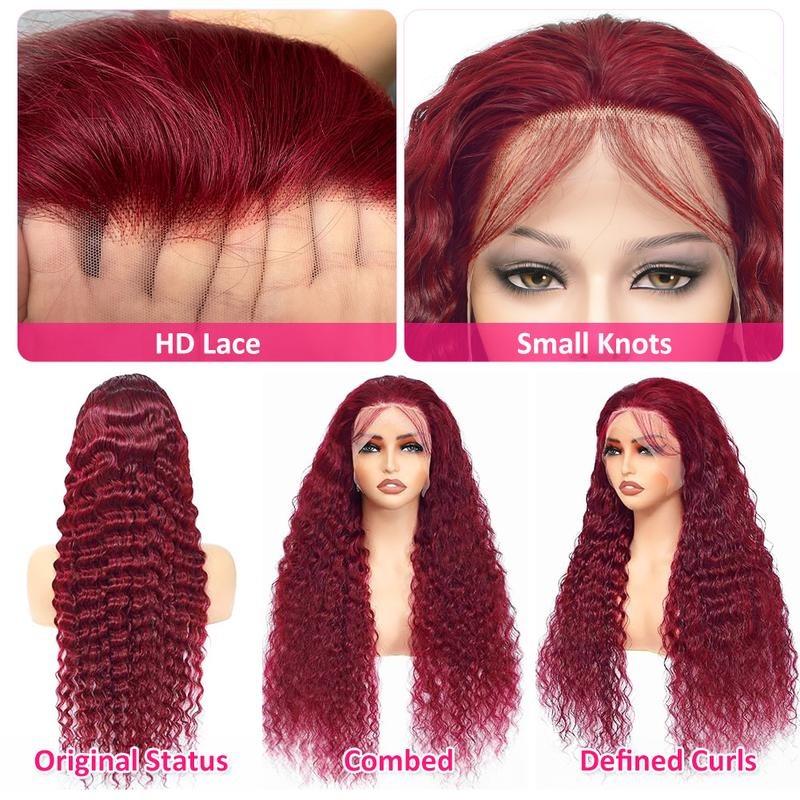 Burgundy Deep Wave Lace Front Wigs Human Hair 13x6 HD Lace Frontal Wigs Human Hair Lace Front Wigs Pre Plucked 99j Burgundy Deep Curly Wigs Human Hair Wigs For Women