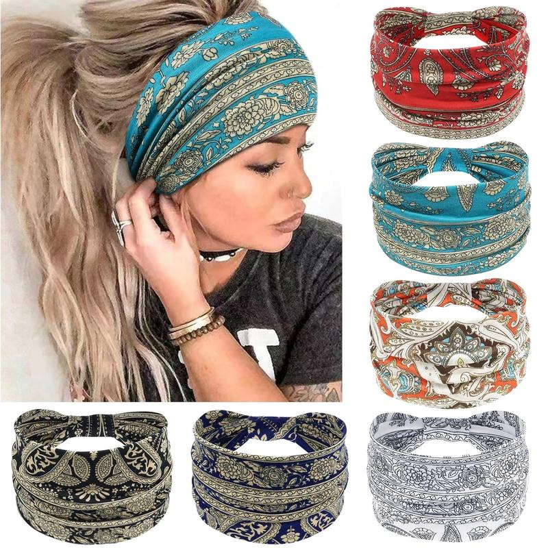 Women's Summer Simple Plain Color Elastic Hair Band for Women,Wide Headbands for Women Knotted No Slip Head Bands Soft Turban Headband Hair Accessories Boho African Solid Color Head Wraps for Women Yoga Workout Pack of 6(Boho)