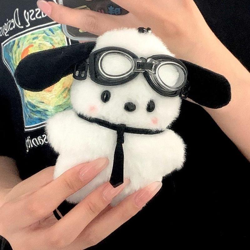 SANRIO Cute Dog Design Phone Chain, 1 Count Soft Plush Dog Keychain with Aviator Goggles, Animal Charm for Keys and Backpacks