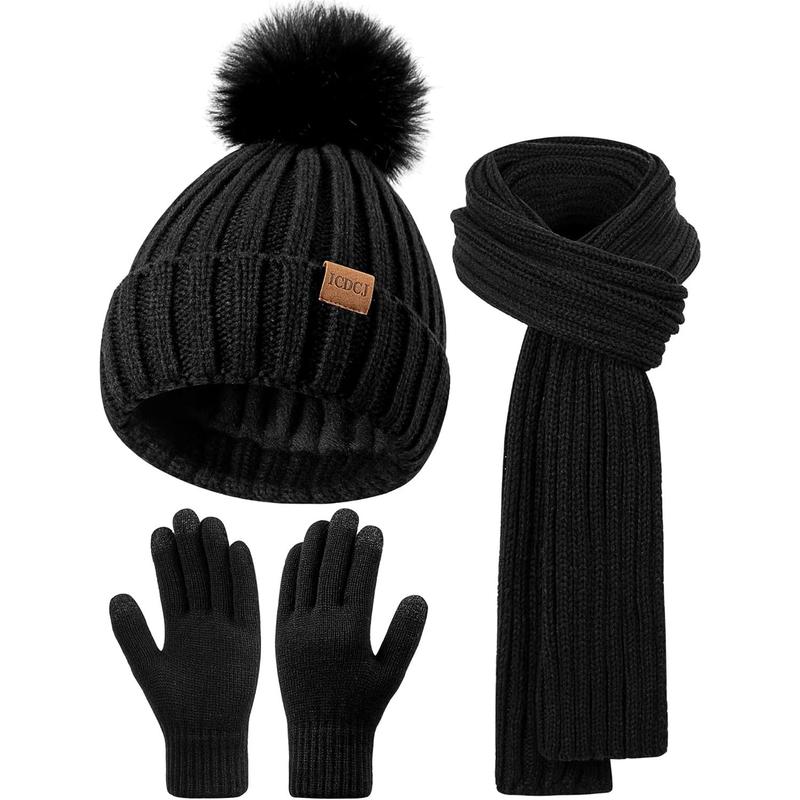 Winter Beanie Hat Scarf Gloves Set for Women Fleece Lined Pompom Hat with Long Knit Scarf, Neck Warmer Touchscreen Gloves