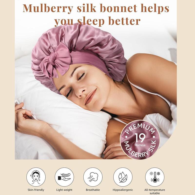 AWAYTR Silk Bonnet for Sleeping Women 100% Mulberry Silk Double Layered Bonnet with Tie Band Reversible Hair Bonnet Sleeping Hair Wrap