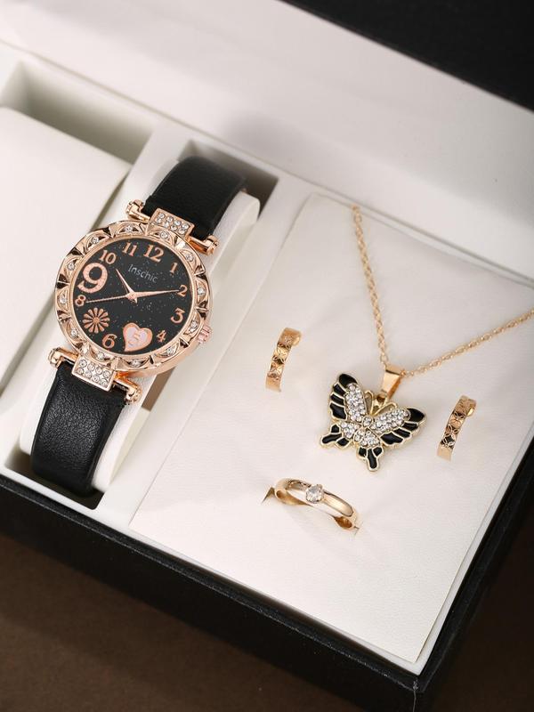 Women's Elegant Rhinestone Decor Quartz Watch & Jewelry Set, Round Dial Watch & Butterfly Pendant Necklace & Stud Earrings & Ring, Fashionable Watch Set As Gift without Box