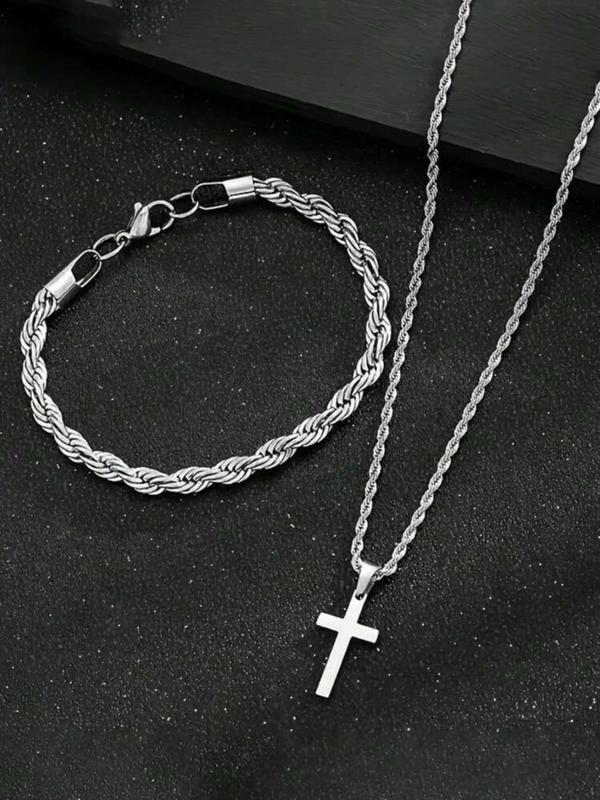 Cross Pendant Necklace & Twist Design Bracelet, Fashion Jewelry Set for Party, Daily Clothing Decor, Trendy All-match & Exquisite Jewelry for Birthday Gift