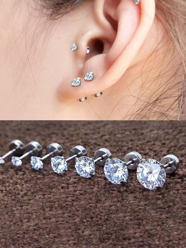 Unisex Rhinestone Decor Stud Earrings, 12 Pairs Stainless Steel Cartilage Earrings for Women & Girls, Trendy All-match Exquisite Jewelry As Birthday Gift, Piercing Earrings, Body Piercing Jewelry