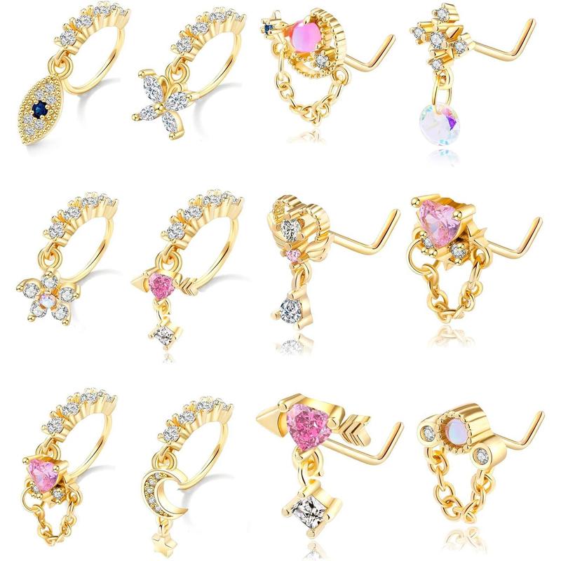 12 Dangle Nose Rings for Women Surgical Steel L Shape Nose Stud Rings Cute Flower Butterfly Heart Evil Eye Opal CZ Dangling Nose Piercing Jewelry