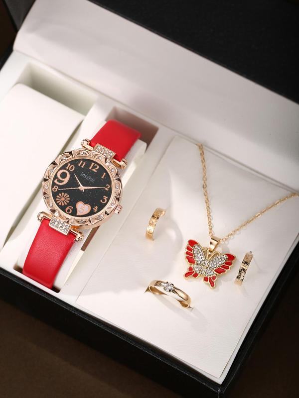 Women's Elegant Rhinestone Decor Quartz Watch & Jewelry Set, Round Dial Watch & Butterfly Pendant Necklace & Stud Earrings & Ring, Fashionable Watch Set As Gift without Box